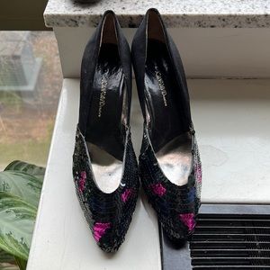 Joan & David Couture collection black vintage sequin and fabric high heels